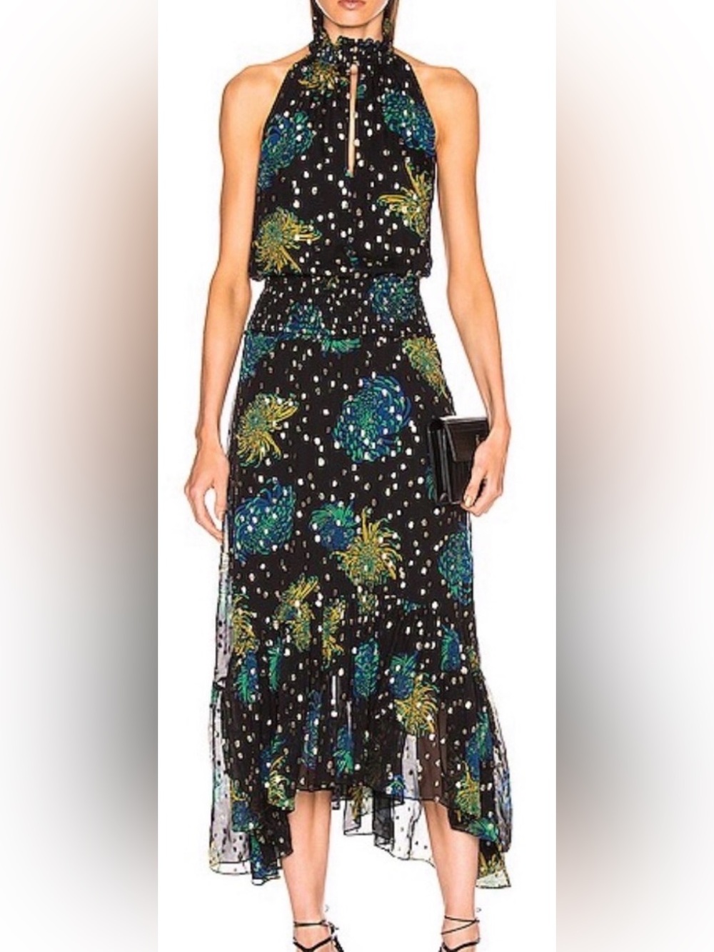 A.L.C. Kaia Silk Dress in Metallic / Teal & Yellow Floral Print